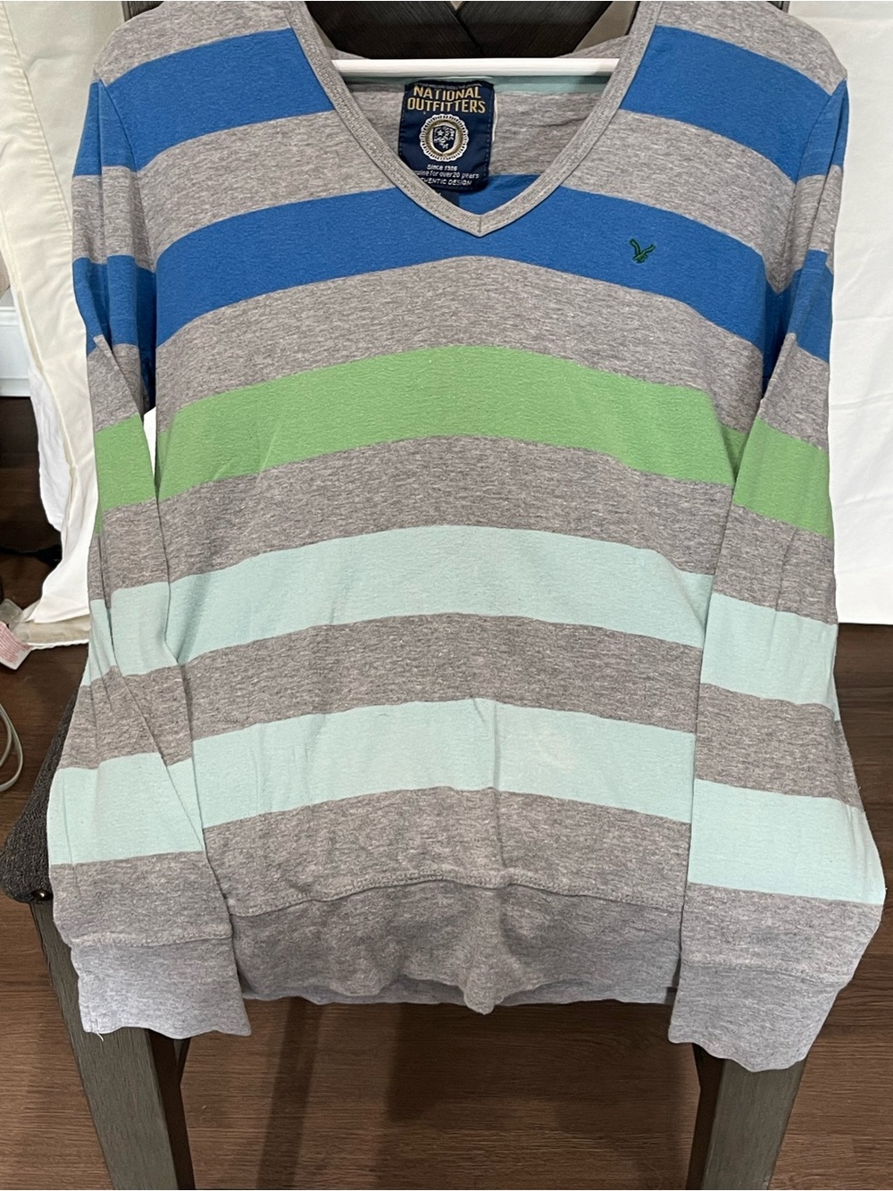 Women’s Gray V-Neck Sweater with Blue and Green Stripes